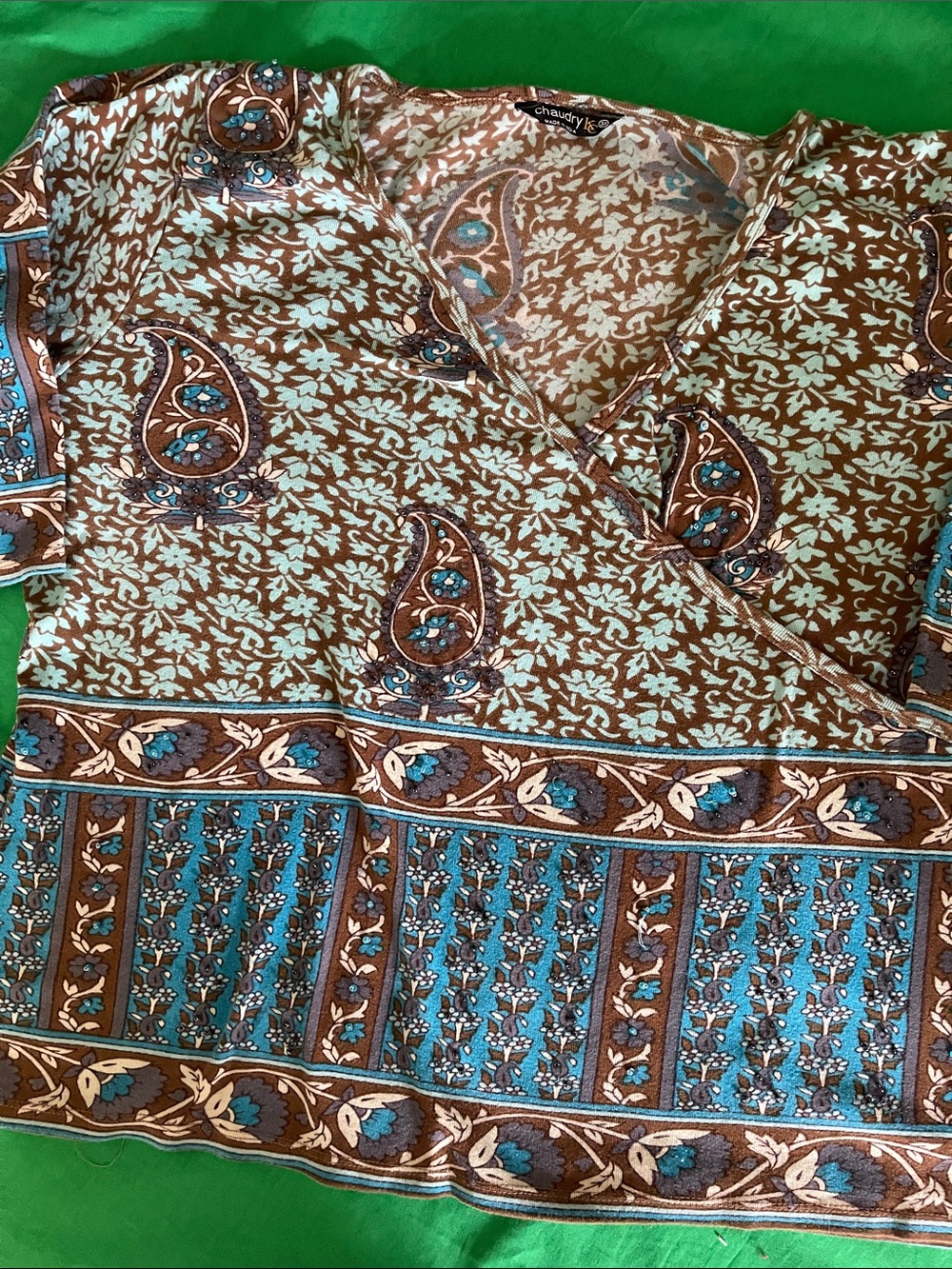 Christopher & Banks Brown & Teal Paisley Border Print Top